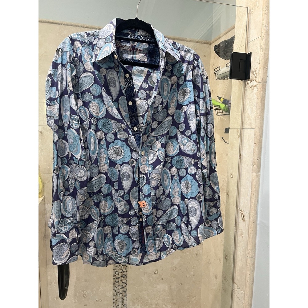 Robert Graham Mens Blue Green Mod Solar Swirl Print Long Sleeve Shirt Medium